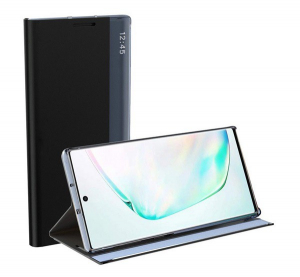 Tok álló, textil hatású (aktív FLIP, oldalra nyíló, asztali tartó funkció, Smart View Cover) FEKETE [Xiaomi Redmi 9T]