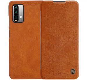 NILLKIN QIN tok álló, bőr hatású (FLIP, oldalra nyíló, bankkártya tartó) BARNA [Xiaomi Redmi 9T]