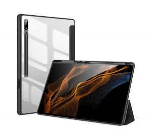 DUX DUCIS TOBY tok álló, bőr hatású (aktív FLIP, oldalra nyíló, TRIFOLD asztali tartó funkció, S-Pen tartó) FEKETE [Samsung Galaxy Tab S8 Ultra LTE (S