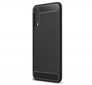 Szilikon telefonv&eacute;dő (k&ouml;zepesen &uuml;t&eacute;s&aacute;ll&oacute;, l&eacute;gp&aacute;rn&aacute;s sarok, sz&aacute;lcsiszolt, karbon minta) FEKETE [Huawei P20 Pro]