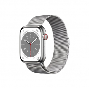 Apple Watch Series 8 GPS + Cellular 45mm ezüstszínű rozsdamentesacél tok, ezüstszínű milánói szíj (MNKJ3CM/A)