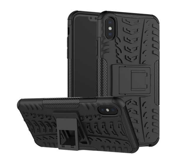 Defender műanyag telefonvédő (közepesen ütésálló, szilikon belső, kitámasztó, autógumi minta) FEKETE [Apple iPhone XS Max 6.5]