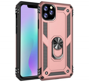 Defender műanyag telefonvédő (közepesen ütésálló, szilikon belső, telefontartó gyűrű, beépített fémlemez) ROZÉARANY [Apple iPhone 11 Pro Max]