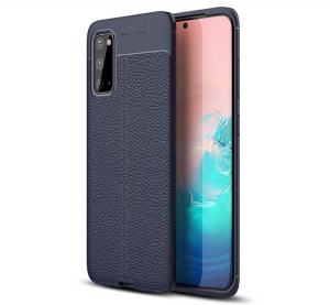 Szilikon telefonvédő (közepesen ütésálló, bőr hatású, varrás minta) SÖTÉTKÉK [Samsung Galaxy S20 5G (SM-G981U)]