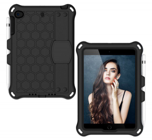 Defender szilikon telefonvédő (közepesen ütésálló, kitámasztó, méhsejt minta + kézpánt) FEKETE [Apple IPAD mini 5 (2019)]