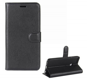Tok álló, bőr hatású (FLIP, oldalra nyíló, asztali tartó funkció, prémium) FEKETE [Huawei P Smart (2018)]