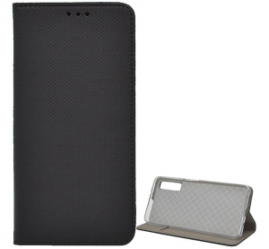 Tok &aacute;ll&oacute;, bőr hat&aacute;s&uacute; (FLIP, oldalra ny&iacute;l&oacute;, asztali tart&oacute; funkci&oacute;, rombusz minta) FEKETE [Samsung Galaxy A7 (2018) SM-A750F]