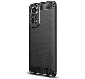 Szilikon telefonvédő (közepesen ütésálló, légpárnás sarok, szálcsiszolt, karbon minta) FEKETE [Xiaomi Redmi Note 11 Pro]