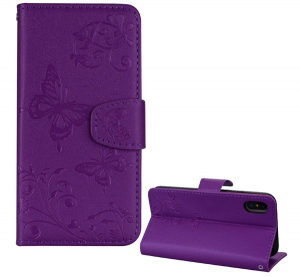 Tok &aacute;ll&oacute;, bőr hat&aacute;s&uacute; (FLIP, oldalra ny&iacute;l&oacute;, asztali tart&oacute; funkci&oacute;, t&uuml;k&ouml;r, pillang&oacute; minta) LILA [Apple iPhone XS Max 6.5]