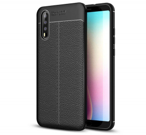 Szilikon telefonvédő (közepesen ütésálló, bőr hatású, varrás minta) FEKETE [Huawei P20]