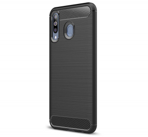 Szilikon telefonvédő (közepesen ütésálló, légpárnás sarok, szálcsiszolt, karbon minta) FEKETE [Samsung Galaxy M30 (SM-M305F)]