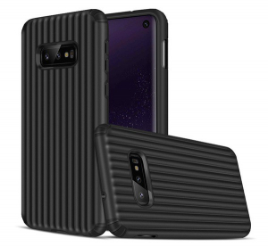 Műanyag telefonvédő (szilikon belső, közepesen ütésálló, csíkos, dombor minta) FEKETE [Samsung Galaxy S10e (SM-G970)]