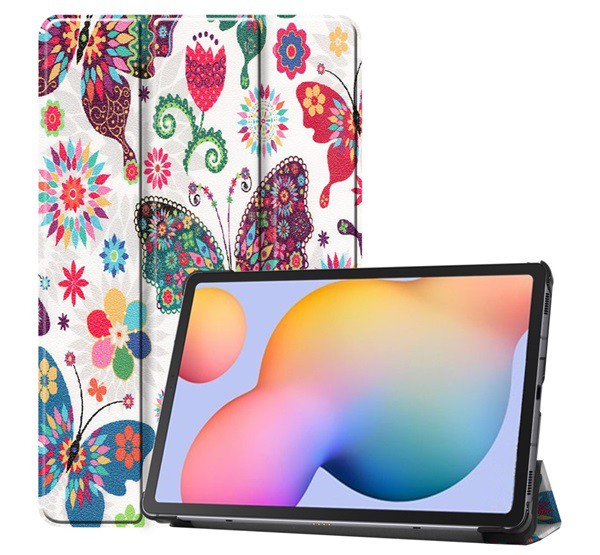 Tok álló, bőr hatású (aktív FLIP, oldalra nyíló, TRIFOLD asztali tartó, pillangó, virág minta) FEHÉR [Samsung Galaxy Tab S6 Lite 10.4 LTE (SM-P619) 20