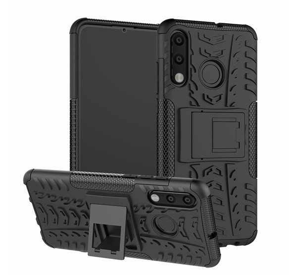 Defender műanyag telefonvédő (közepesen ütésálló, szilikon belső, kitámasztó, autógumi minta) FEKETE [Huawei P30 Lite (Nova 4e)]