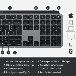 Logitech MX Keys Mac vezeték nélküli US billentyűzet (920-009558)