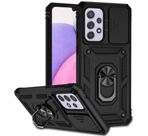 Defender műanyag telefonv&eacute;dő (k&ouml;zepesen &uuml;t&eacute;s&aacute;ll&oacute;, szilikon belső, telefontart&oacute; gyűrű, kamera v&eacute;delem) FEKETE [Samsung Galaxy A33 5G (SM-A336)]