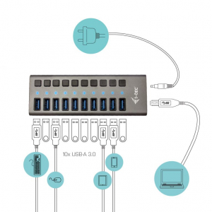 i-tec Charging USB 3.0 Hub 10 port + Power Adapter 48 W fekete (U3CHARGEHUB10)