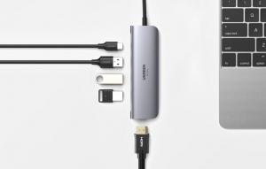 UGREEN 5 az 1-ben hub adapter USB-C --> 3x USB 3.0 + HDMI 4K + USB-C PD 100W szürke (70495)