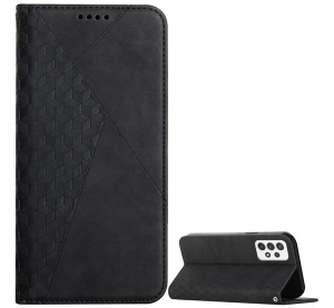 Tok álló, bőr hatású (FLIP, oldalra nyíló, asztali tartó funkció, 3D rombusz minta, prémium) FEKETE [Samsung Galaxy A53 (SM-A536) 5G]