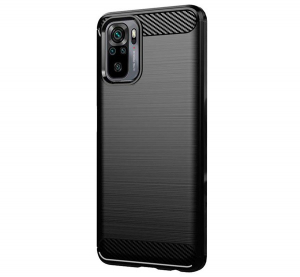 Szilikon telefonvédő (közepesen ütésálló, légpárnás sarok, szálcsiszolt, karbon minta) FEKETE [Xiaomi Redmi Note 10 4G (Note 10s)]