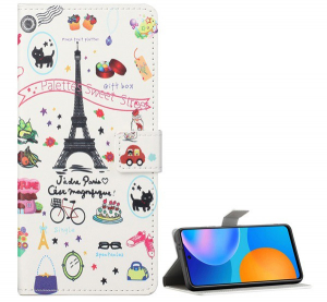 Tok álló, bőr hatású (FLIP, oldalra nyíló, asztali tartó funkció, Eiffel torony minta) FEHÉR [Samsung Galaxy S21 (SM-G991) 5G]