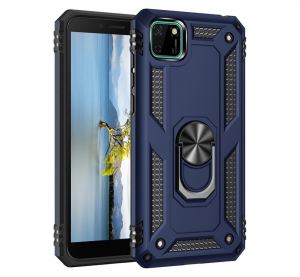 Defender műanyag telefonvédő (közepesen ütésálló, szilikon belső, telefontartó gyűrű, beépített fémlemez) SÖTÉTKÉK [Honor 9S]