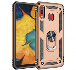 Defender műanyag telefonvédő (közepesen ütésálló, szilikon belső, telefontartó gyűrű, beépített fémlemez) ARANY [Samsung Galaxy A30 (SM-A305F)]