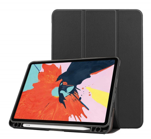 Tok &aacute;ll&oacute;, bőr hat&aacute;s&uacute; (akt&iacute;v FLIP, oldalra ny&iacute;l&oacute;, TRIFOLD asztali tart&oacute; funkci&oacute;, Apple Pencil tart&oacute;) FEKETE [Apple IPAD Air 2022]