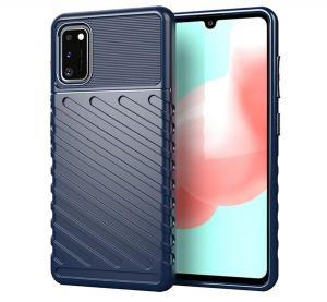 Szilikon telefonvédő (közepesen ütésálló, csíkos, dombor minta) SÖTÉTKÉK [Samsung Galaxy A41 (SM-A415F)]