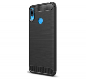 Szilikon telefonvédő (közepesen ütésálló, légpárnás sarok, szálcsiszolt, karbon minta) FEKETE [Huawei Y7 2019 (Y7 Prime 2019)]