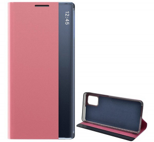 Tok álló, textil hatású (aktív FLIP, oldalra nyíló, asztali tartó funkció, Smart View Cover) RÓZSASZÍN [Samsung Galaxy M31s (SM-M317F)]