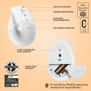Logitech Lift for Mac függőleges ergonómikus vezeték nélküli egér fehér (910-006477)