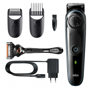 Braun BT5340 szakállvágó precíziós gombbal, 2 tartozékkal és egy Gillette ProGlide borotvával fekete-jegeskék