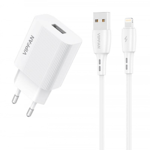 Vipfan E01 h&aacute;l&oacute;zati t&ouml;ltő 1xUSB, 2,4A + USB-A - Lightning k&aacute;bel feh&eacute;r (E01S-LT)