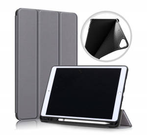Tok álló, bőr hatású (aktív FLIP, oldalra nyíló, TRIFOLD asztali tartó funkció, Apple Pencil tartó) SZÜRKE [Apple IPAD 10.2 (2021)]