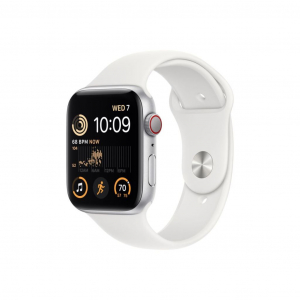 Apple Watch SE (2022) GPS + Cellular 44mm ezüstszínű alumíniumtok, fehér sportszíj (MNQ23CM/A)