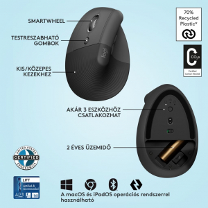 Logitech Lift balkezes függőleges ergonómikus vezeték nélküli egér grafitszürke (910-006474)