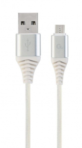 Gembird USB micro-B - USB Type-A szövet borítású adat- és töltőkábel 2m fehér-ezüst (CC-USB2B-AMmBM-2M-BW2)