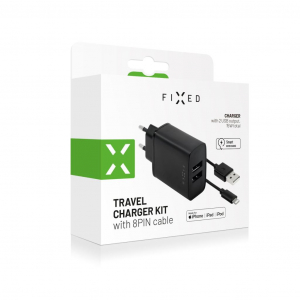 FIXED Travel 2xUSB-A hálózati töltő 15W fekete + USB-A - Lightning kábel (FIXC15-2UL-BK)