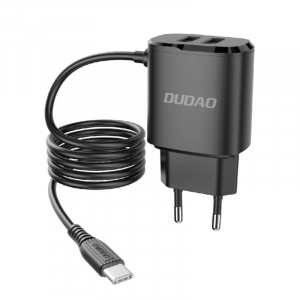 Dudao A2Pro 2x USB-A  h&aacute;l&oacute;zati t&ouml;ltő + USB-C k&aacute;bel fekete (6970379610299)