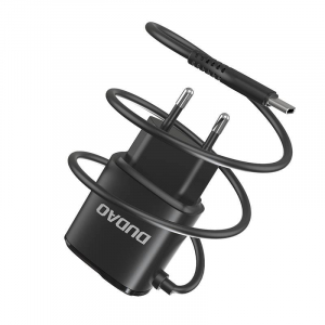 Dudao A2Pro 2x USB-A  h&aacute;l&oacute;zati t&ouml;ltő + USB-C k&aacute;bel fekete (6970379610299)