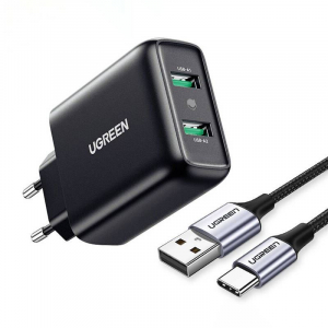 UGREEN 2xUSB-A gyorstöltő PD 18W fekete (10216)