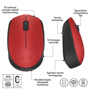 Logitech M171 vezeték nélküli egér piros-fekete (910-004641) USB