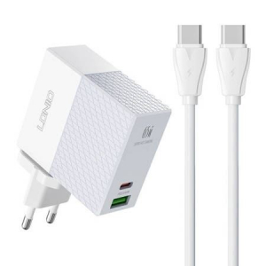 LDNIO A2620C USB-A + USB-C hálózati töltő 65W + USB-C - USB-C kábel fehér