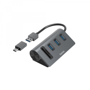 Hama 3 port USB 3.2 GEN1 hub + kártyaolvasó szürke (200140)