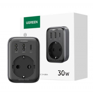 UGREEN 4 az 1-ben adapter USB hub 1x EU aljzat 2x USB-A + 1xUSB-C szürke (90613)