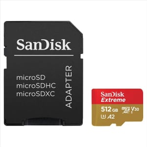 512GB Sandisk Extreme microSDXC CL10 U3 V30 A2 + adapter (SDSQXAV-512G-GN6MA / 121589)