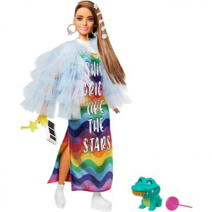 Mattel Barbie Fashionistas: Extravagáns barna hajú baba szivárványos ruhában (GRN27)