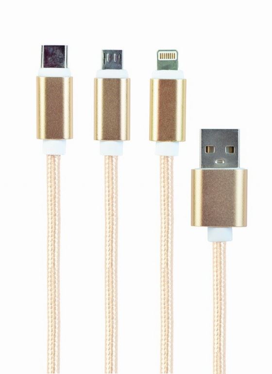Gembird 3az1-ben USB-A - Lightning/microUSB/USB-C töltőkábel 1m aranyszínű (CC-USB2-AM31-1M-G)