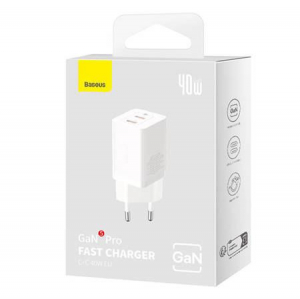 Baseus GaN5 2xUSB-C hálózati töltő 40W fehér (CCGP180102)
